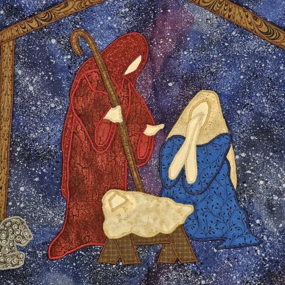 Vintage Handmade Nativity Scene Christmas Quilted Tapestry 21x25 Silver Trim - Picture 2 of 11